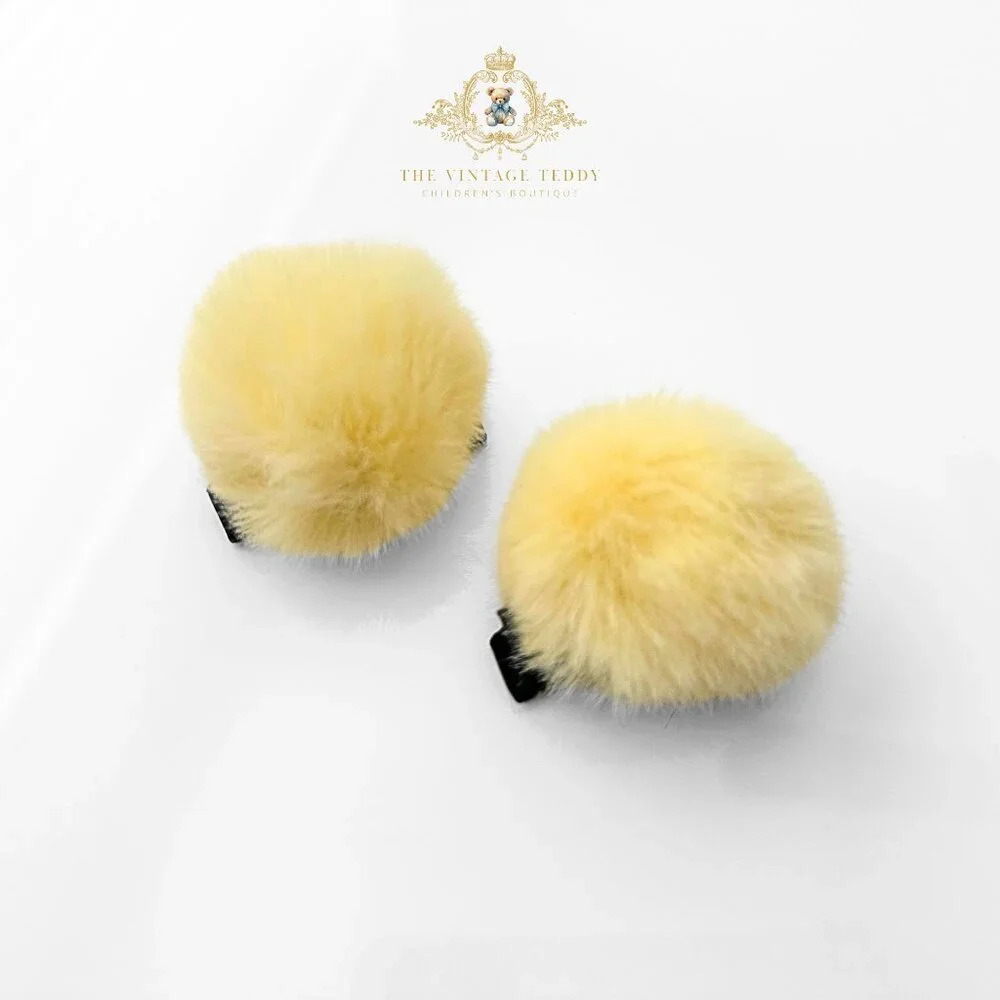 Cute Girls Pom Pom Hair Clips Boutique Hair Accessories for Girl Faux Fur Yellow - Picture 2 of 3